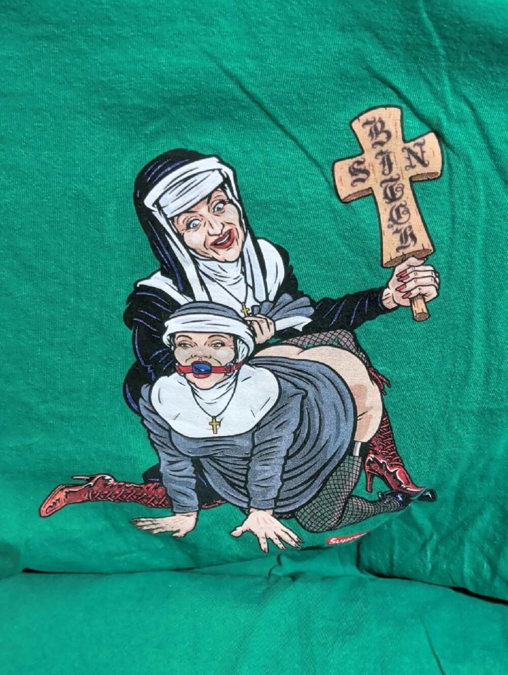 Supreme Green T-Shirt with Nun Graphic and Red Logo - Picture 6 of 7